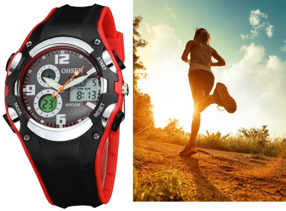 Digital Quartz Unisex Wristwatch with red silicone band, showcasing stylish design alongside a running figure at sunset, ideal for fitness enthusiasts.